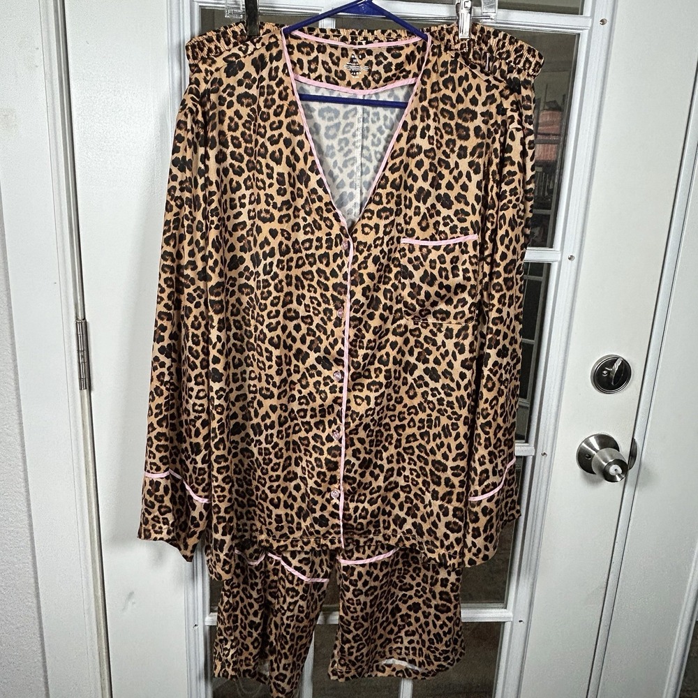 Summersalt Leopard Print Satin Pajama Set 2XL Pink Piping Loungewear Plus Size